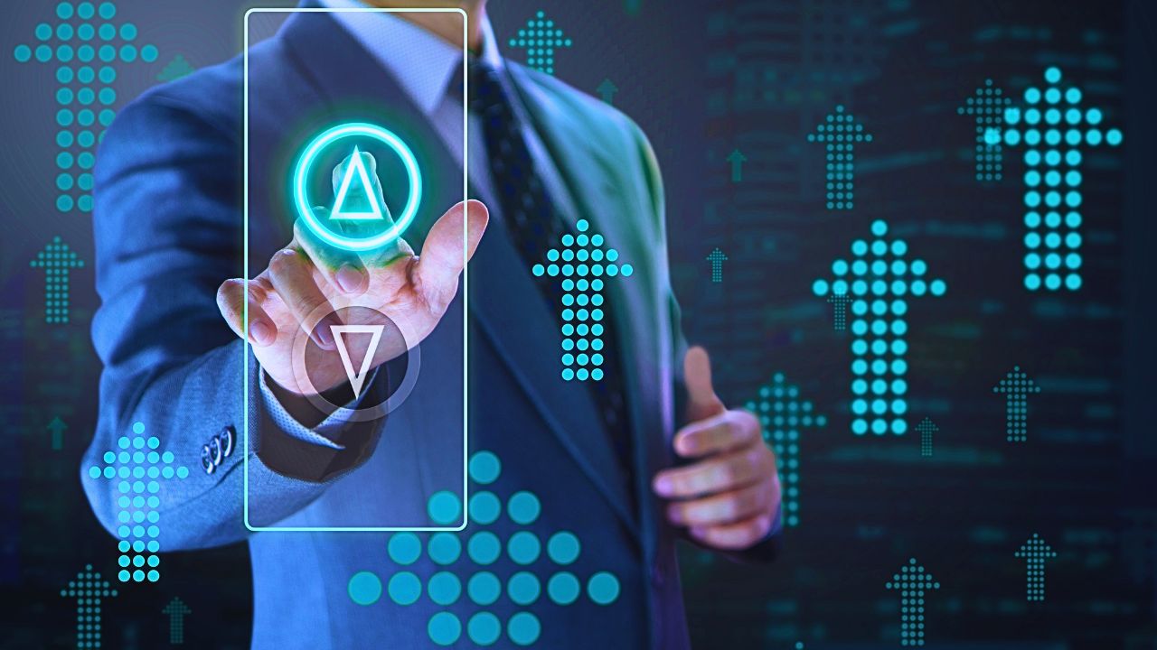 Person pressing an upward arrow like a level-up button, with multiple rising blue arrows in the background symbolizing growth and progress