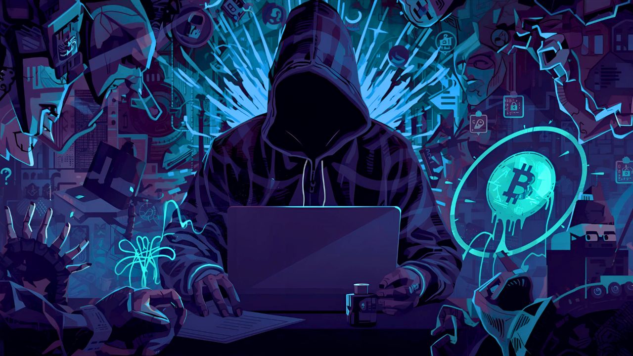 Illustration of digital dangers highlighting phishing, scams, and hacking threats in the crypto world, matching GrindToCash’s security guide.