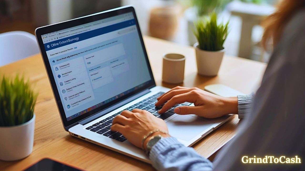 User completing online surveys on a laptop, earning money through trusted survey platforms in 2025.