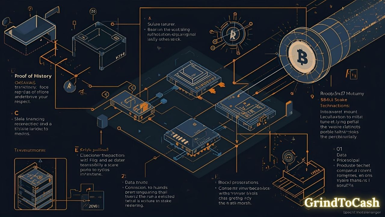 Diagram highlighting Solana’s Proof of History and Proof of Stake technology powering fast transactions.