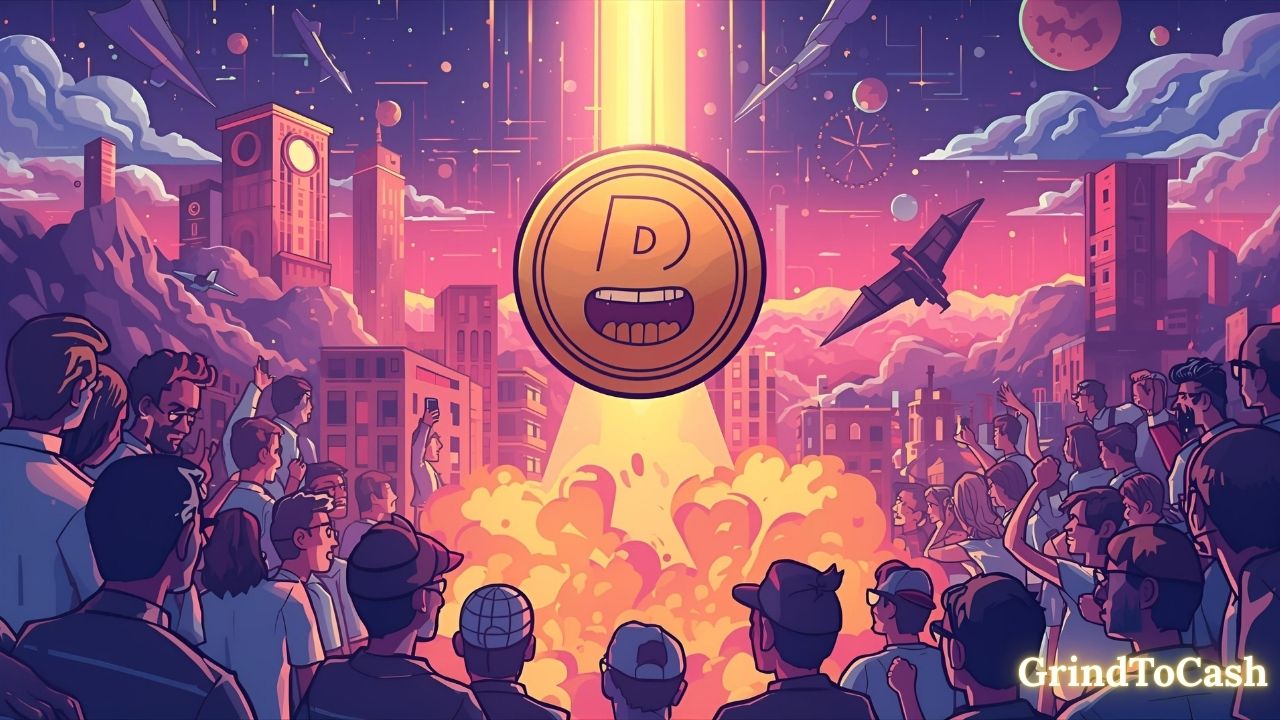 Illustration of BONK meme coin launching on Solana blockchain with community hype