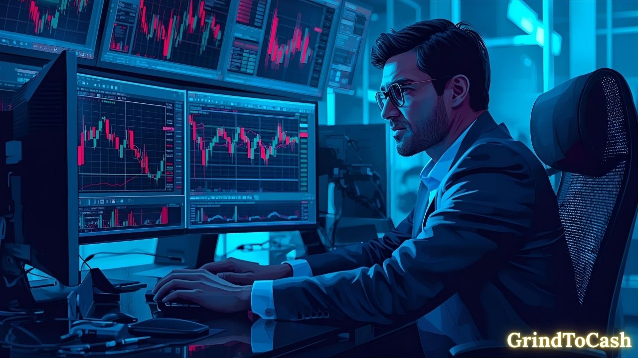 Crypto trader analyzing market charts and staying calm during a crash