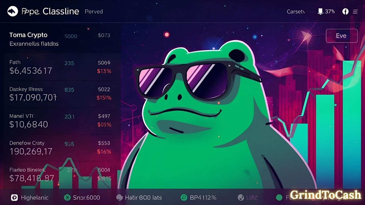 Graphic of Pepe crypto milestones with exchange listings and market performance chart