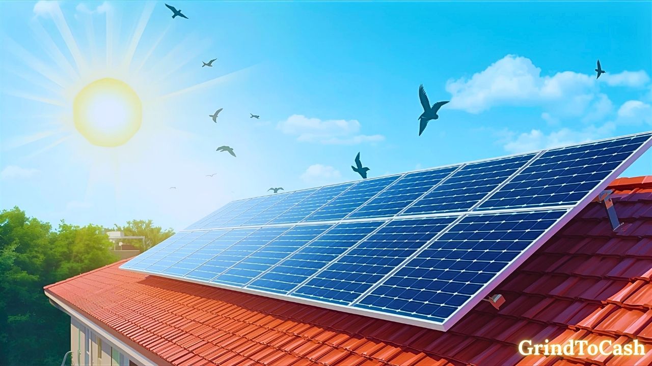 Illustration of modern solar panels on a rooftop converting sunlight into electricity through photovoltaic cells.