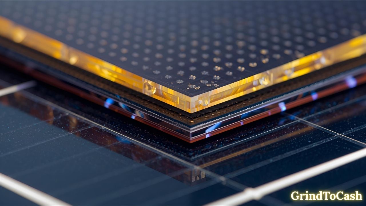 Close-up of silicon wafers and layered solar panel materials including glass and conductive metal parts.