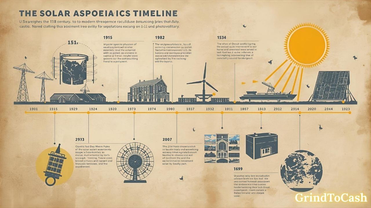 Historical timeline showing early solar experiments from the 19th century to modern photovoltaic technology.