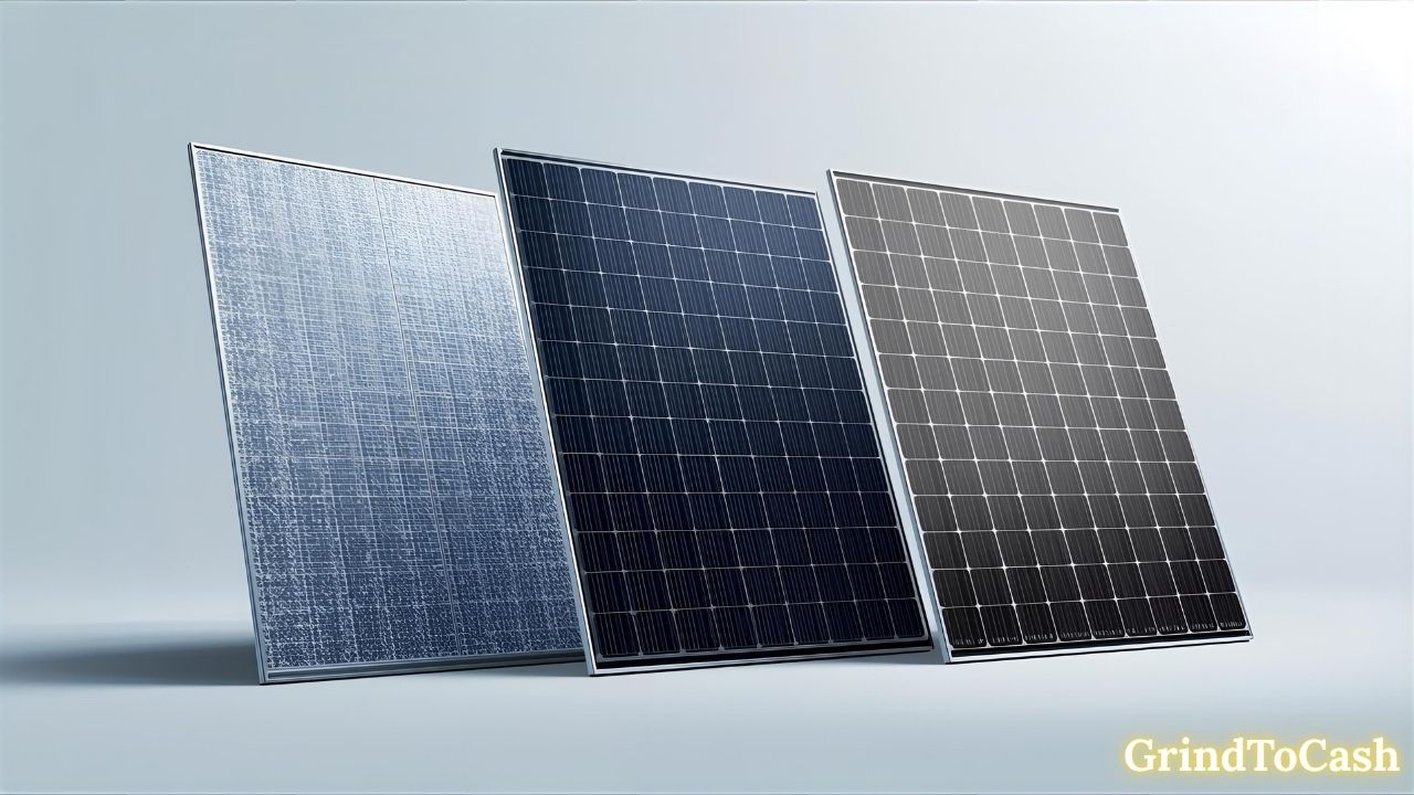 Comparison image of monocrystalline, polycrystalline, and thin-film solar panels side by side
