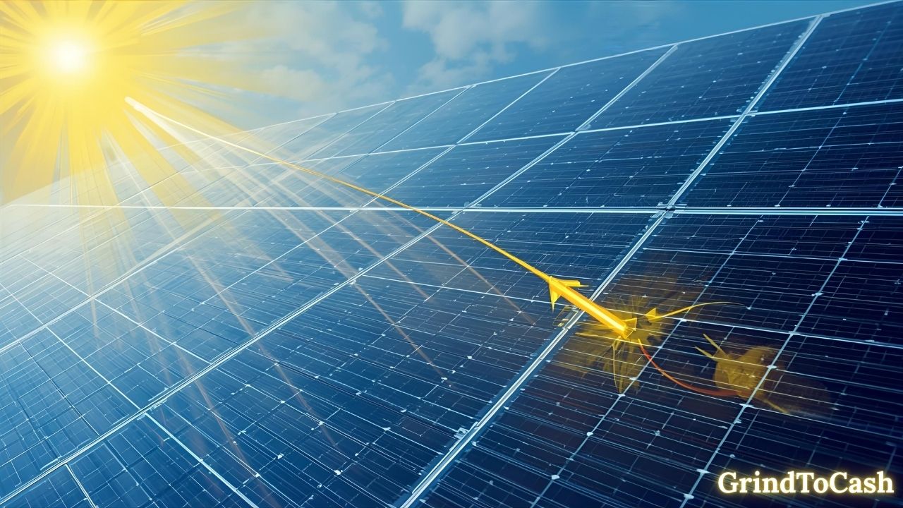 Diagram showing sunlight hitting solar cells and producing electric current through photovoltaic effect.