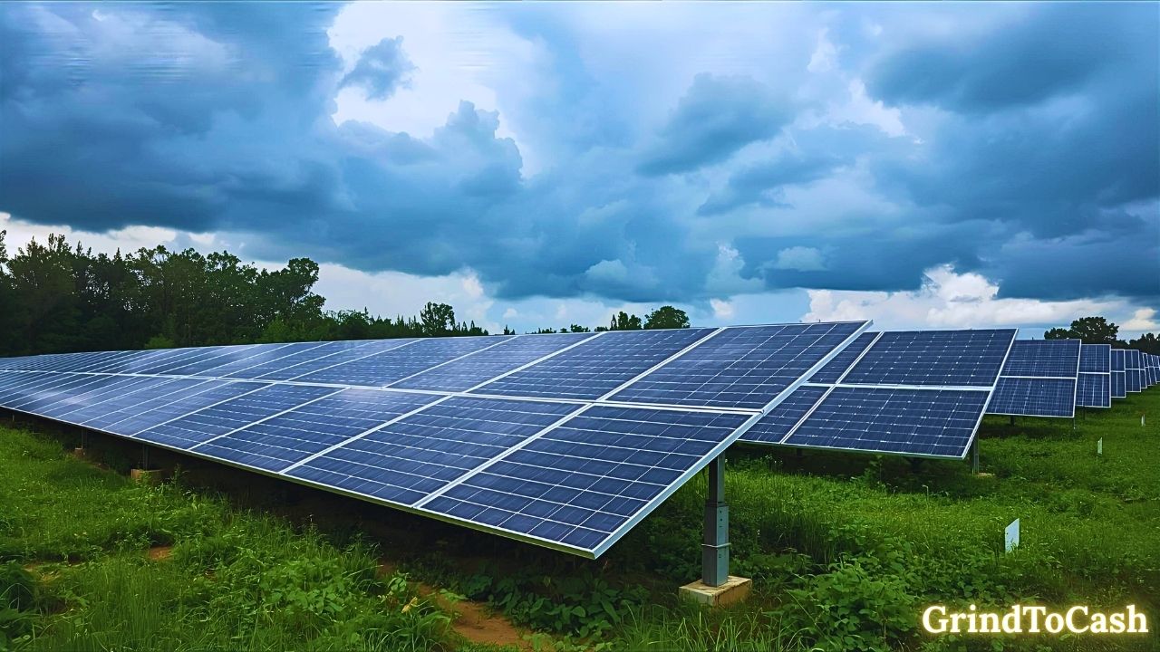Solar farm under cloudy skies highlighting weather and efficiency challenges of solar energy