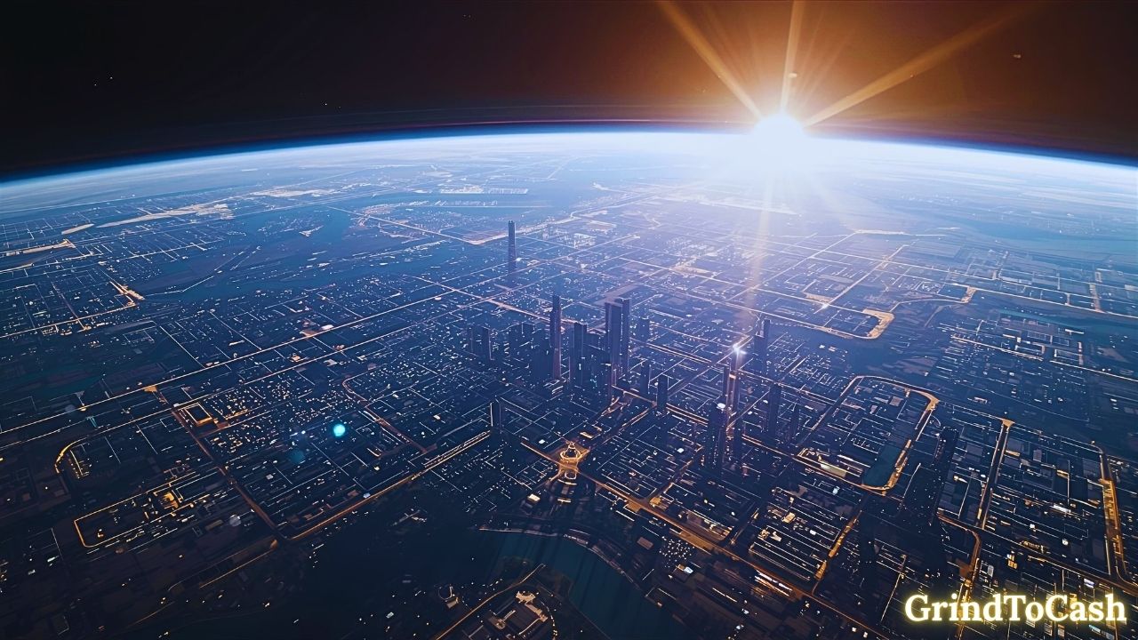 Futuristic concept of advanced solar panels integrated into smart cities and space technology