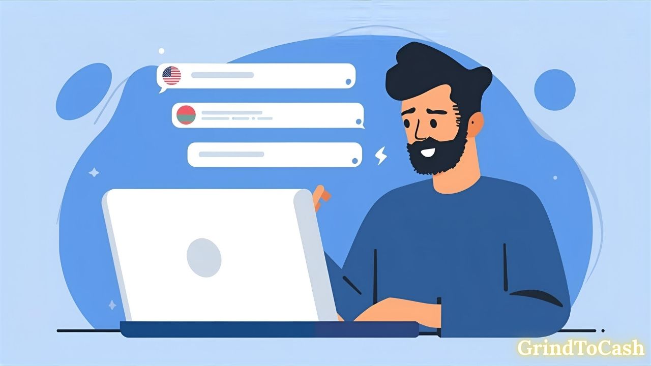 Illustration of a person interacting with ChatGPT AI on a laptop, showing text-based conversation in real time.