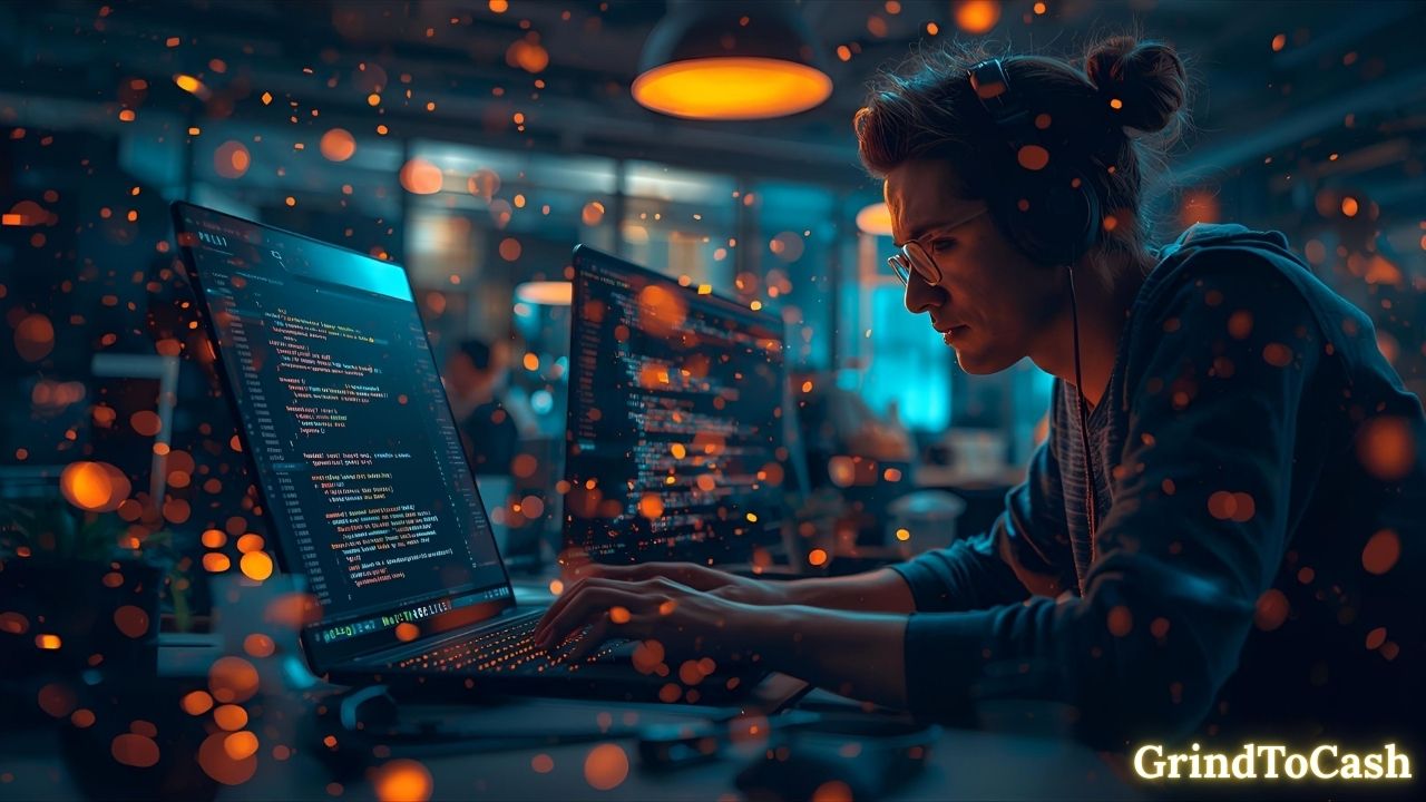 Developer coding on a laptop with GitHub Copilot suggesting code snippets in real time.