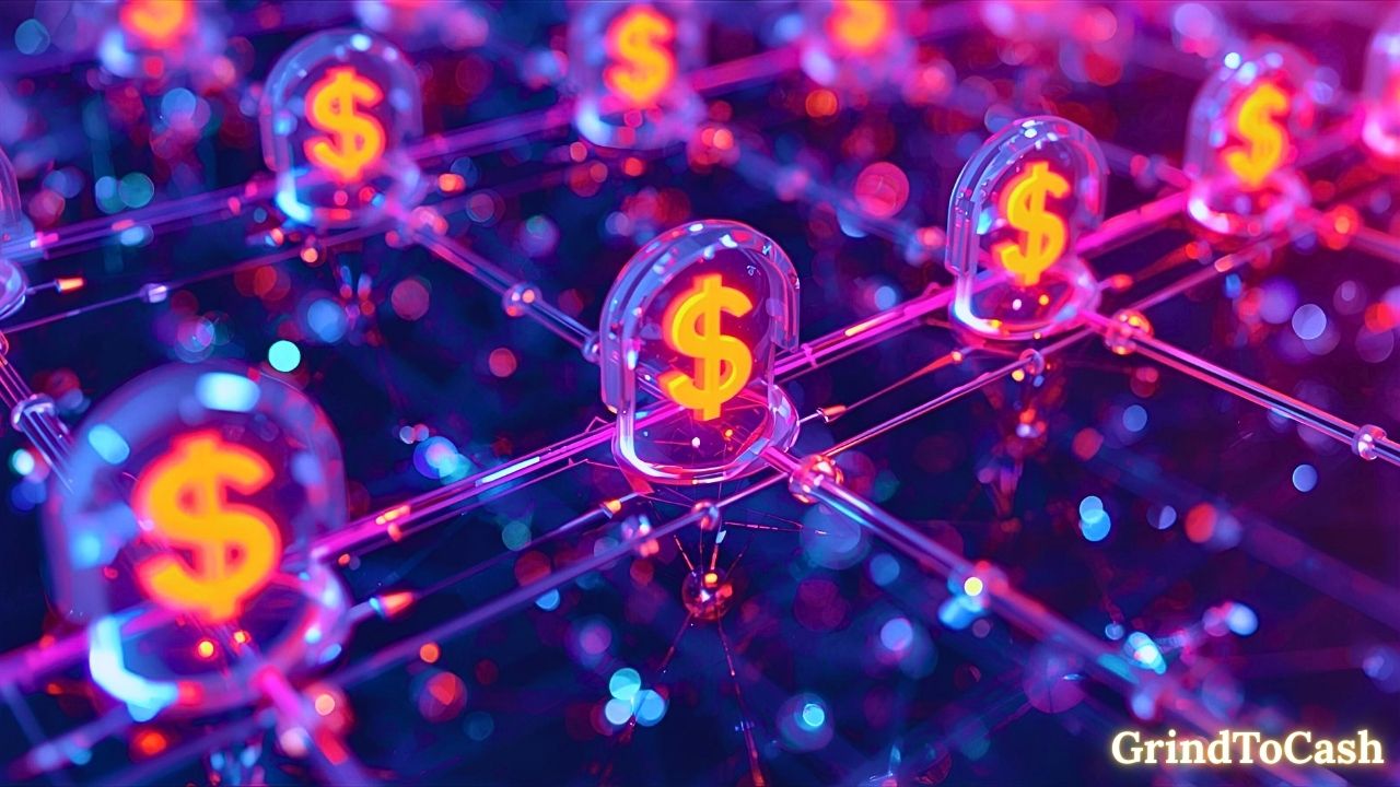 Digital dollar icons moving across a connected network, representing stablecoin payment rails and settlement.