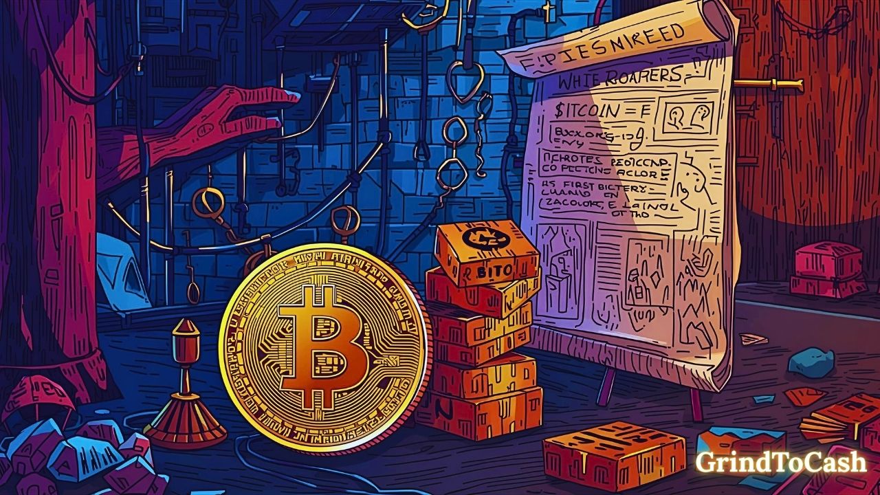 Illustration of Bitcoin’s early history showing Satoshi Nakamoto’s whitepaper and the first mined blocks.