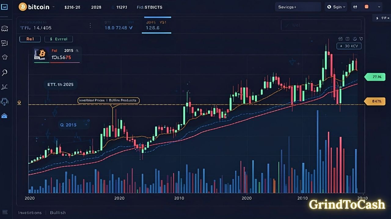 Graph showing Bitcoin price trends in 2025 with institutional investors and ETF products highlighted.