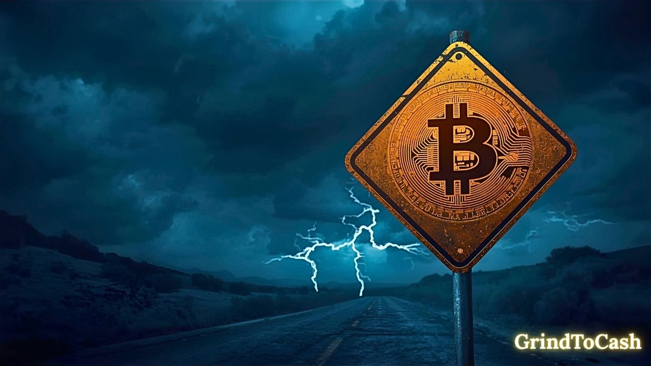 Warning sign with Bitcoin logo representing risks such as regulation, energy use, and competition