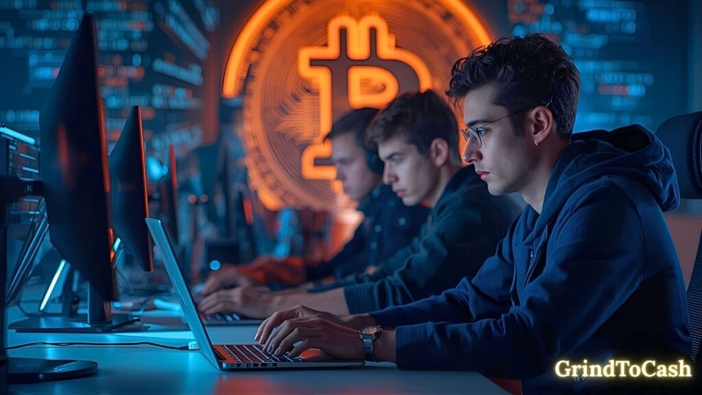 Developers coding blockchain upgrades on laptops with Bitcoin logo in the background