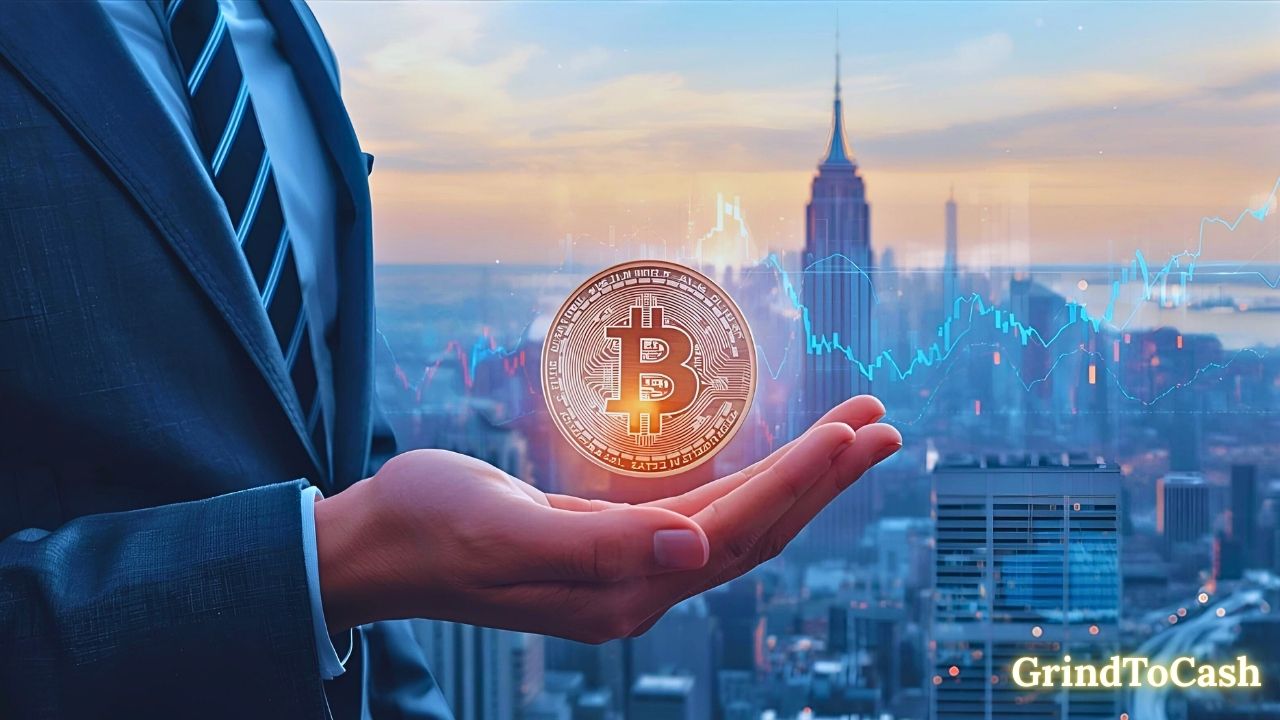 Investor holding Bitcoin with futuristic financial city skyline in the background