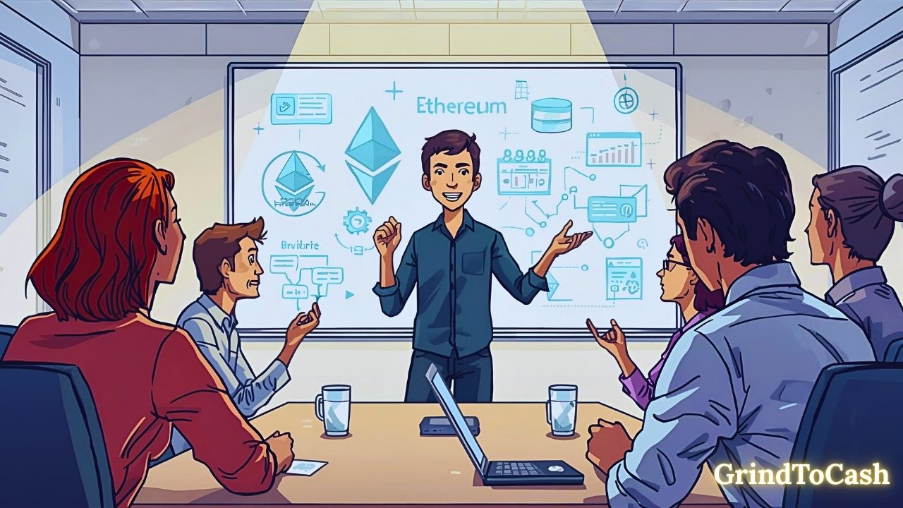 Illustration of Vitalik Buterin presenting the idea of Ethereum blockchain in 2015 with developers around him.