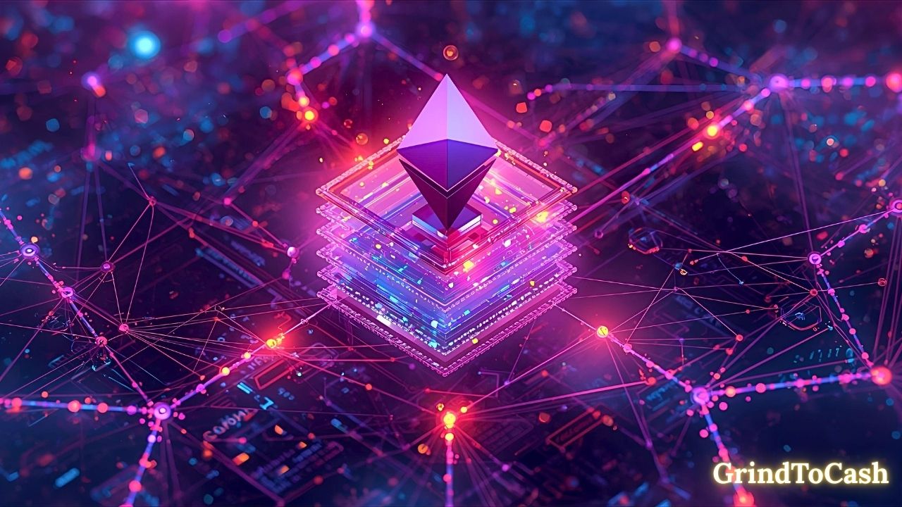 Visual of Ethereum smart contracts running on a digital blockchain with dApps connected to it