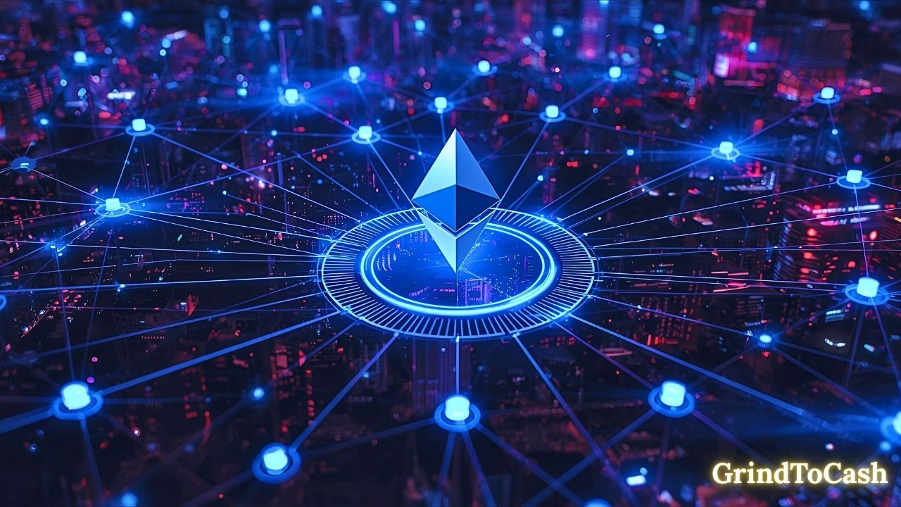 Diagram highlighting Ethereum’s adoption, innovation, and community strength with ETH coin in the center.