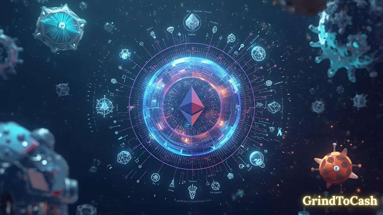 Artistic visual showing Ethereum powering NFTs on OpenSea, gaming items, and metaverse assets.