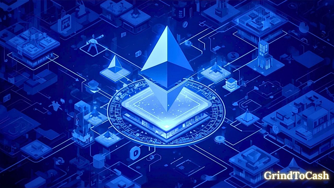 Concept art of Ethereum scaling with sharding and layer-2 solutions powering Web3 applications