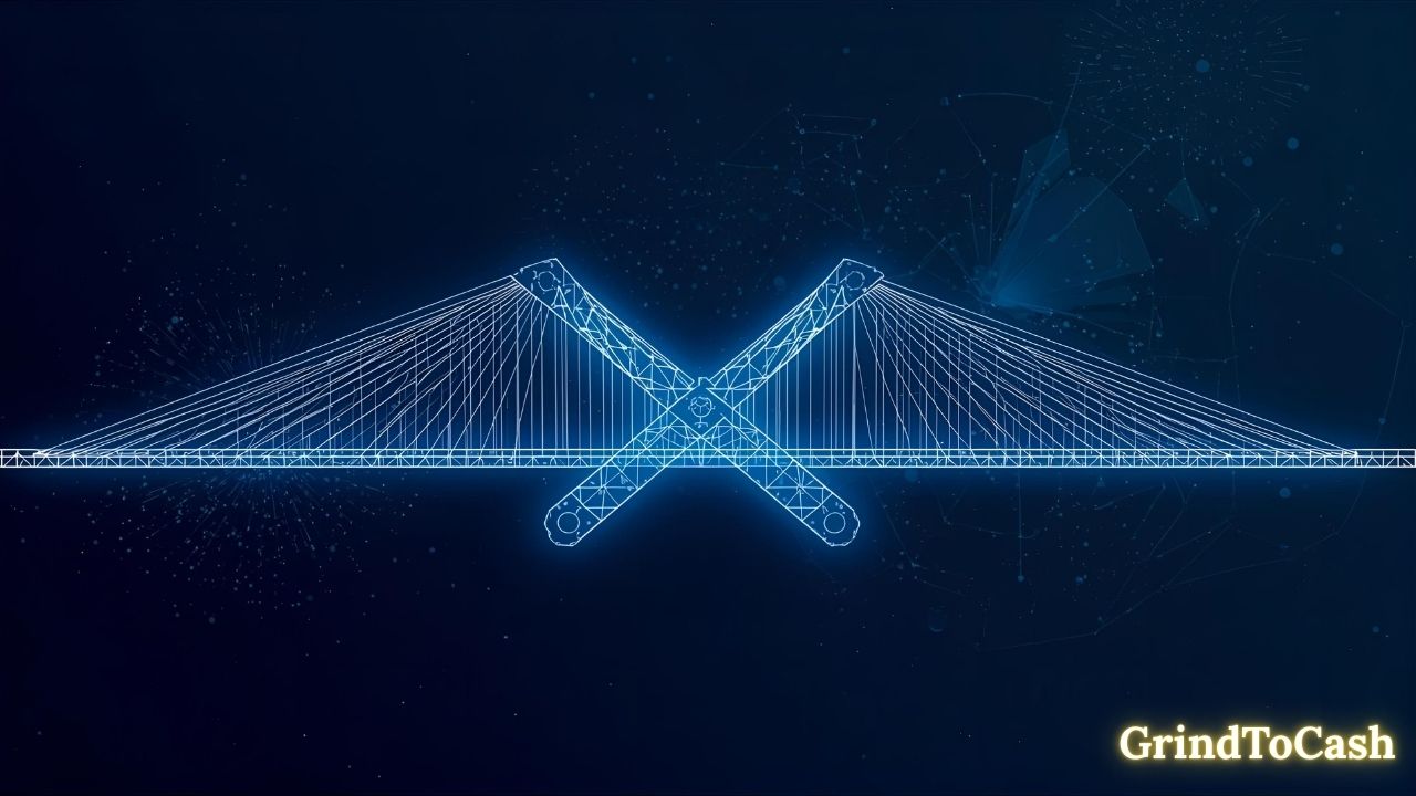 A symbolic digital bridge representing XRP’s journey from creation to global adoption, highlighting resilience, innovation, and its vision for the future of finance.