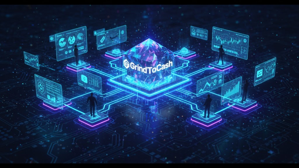 An intricate network of interconnected digital knowledge hubs, symbolizing GrindToCash as the central nexus for crypto insights and investor empowerment.