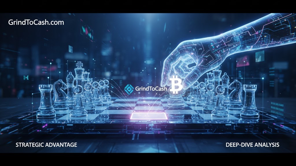 A chess board with crypto elements, where a strategic move is being made, symbolizing the competitive advantage gained through deep-dive analysis from GrindToCash articles.