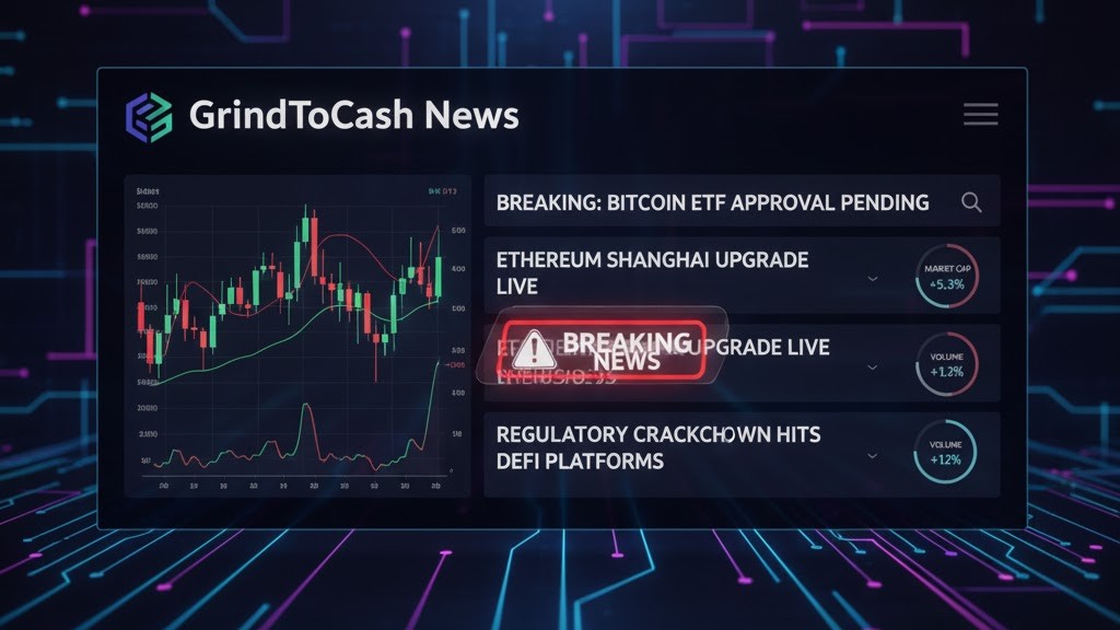 A dynamic news feed interface with real-time crypto headlines, market graphs, and breaking news alerts, symbolizing timely and impactful market updates.