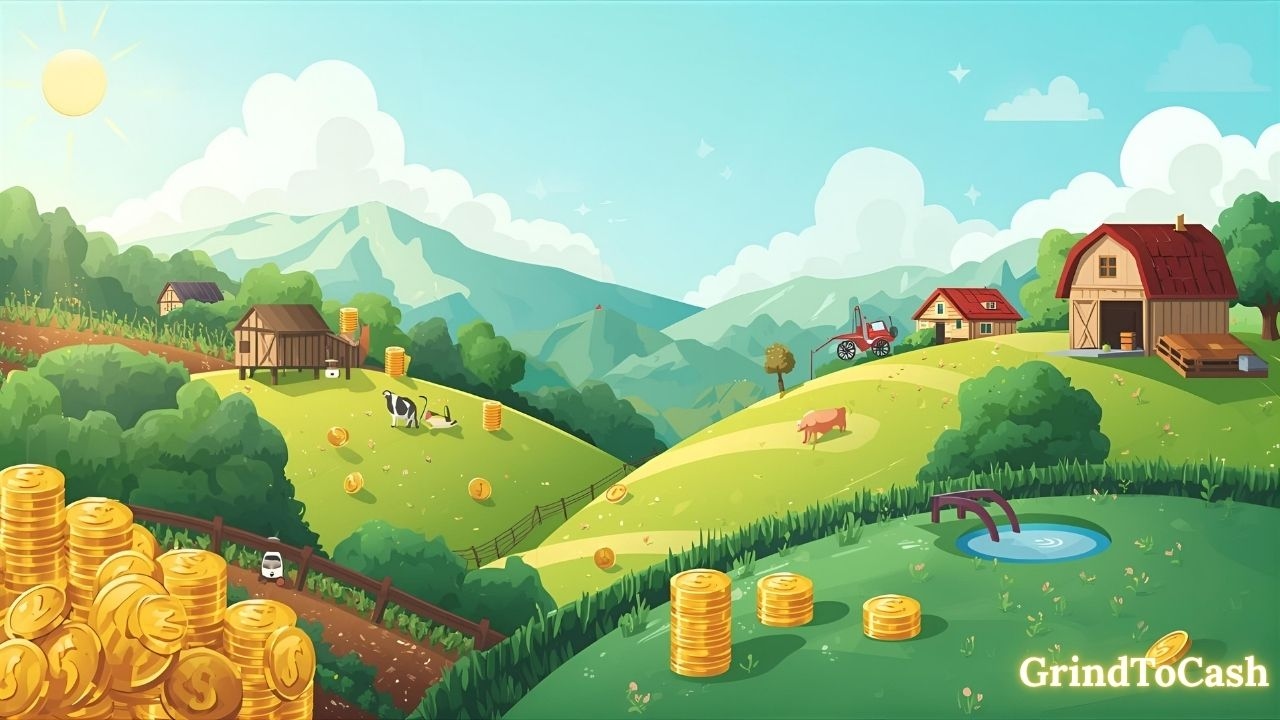 Farm-style graphic with coins and liquidity pools representing yield farming in DeFi