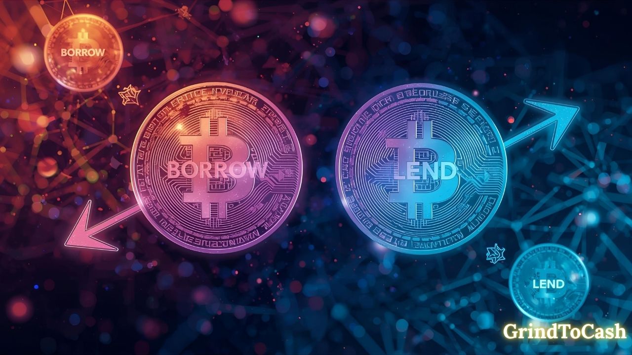 Visual of digital coins with “borrow” and “lend” arrows, symbolizing DeFi lending markets