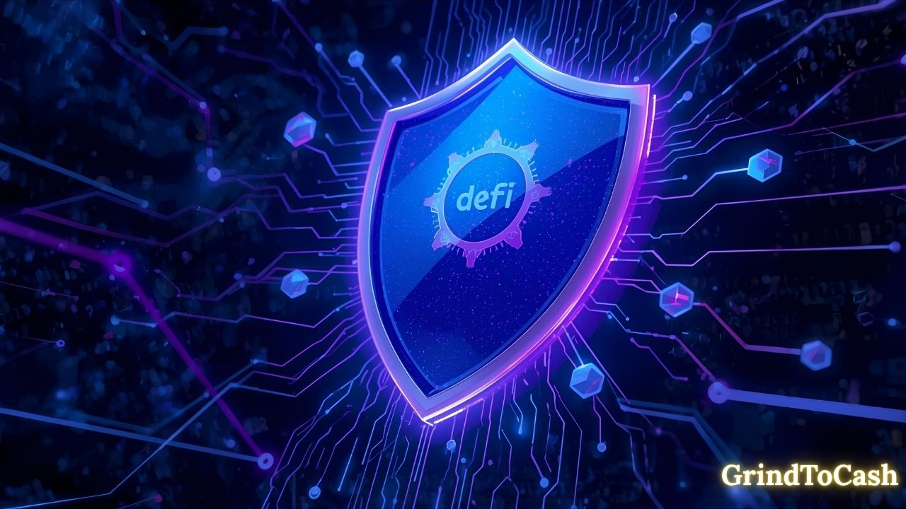 Shield and blockchain visuals representing DeFi insurance and risk coverage