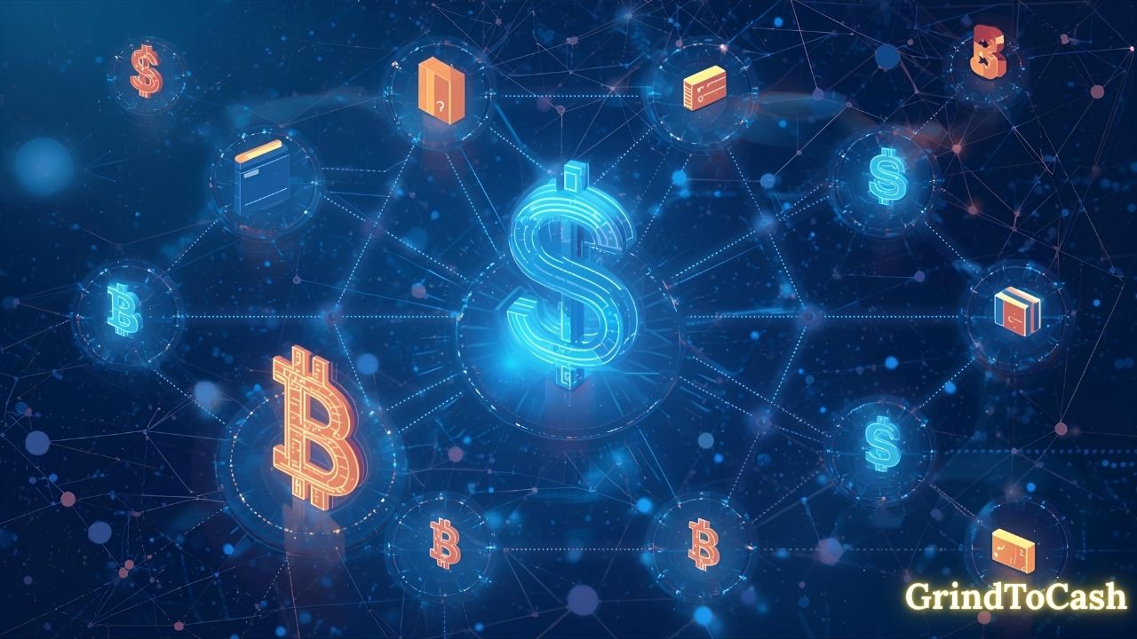 A futuristic financial network showing blockchain connections and digital wallets symbolizing the power of decentralized finance (DeFi) in 2025.