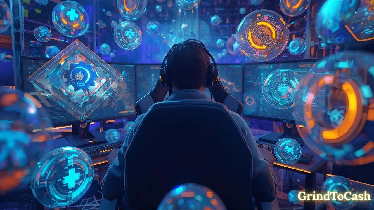 A gamer surrounded by holographic metaverse assets representing play-to-earn GameFi ecosystems merging gaming and crypto investment.