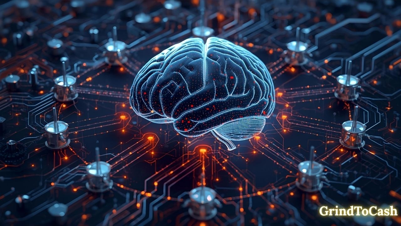 Artificial intelligence brain connected to blockchain nodes, visualizing how AI algorithms enhance crypto trading and project analysis.