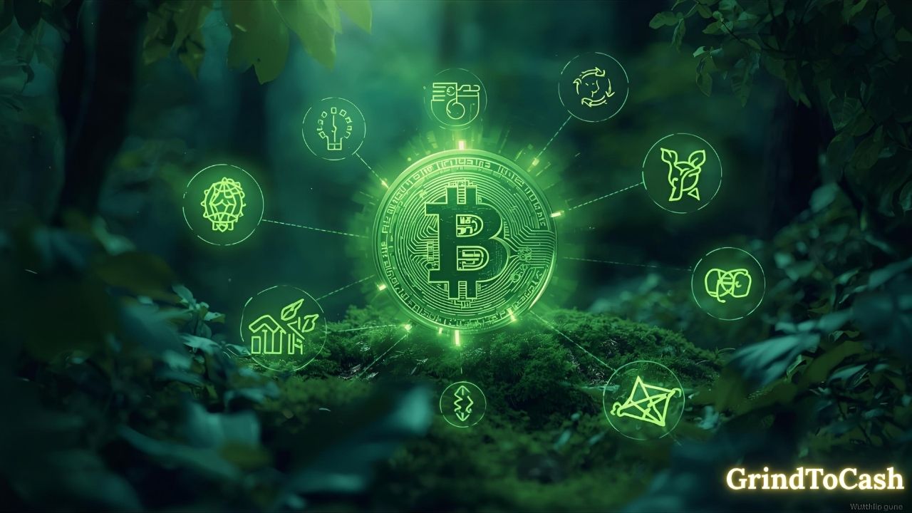 A glowing green blockchain surrounded by eco-friendly energy icons, representing sustainable and carbon-neutral crypto innovations.