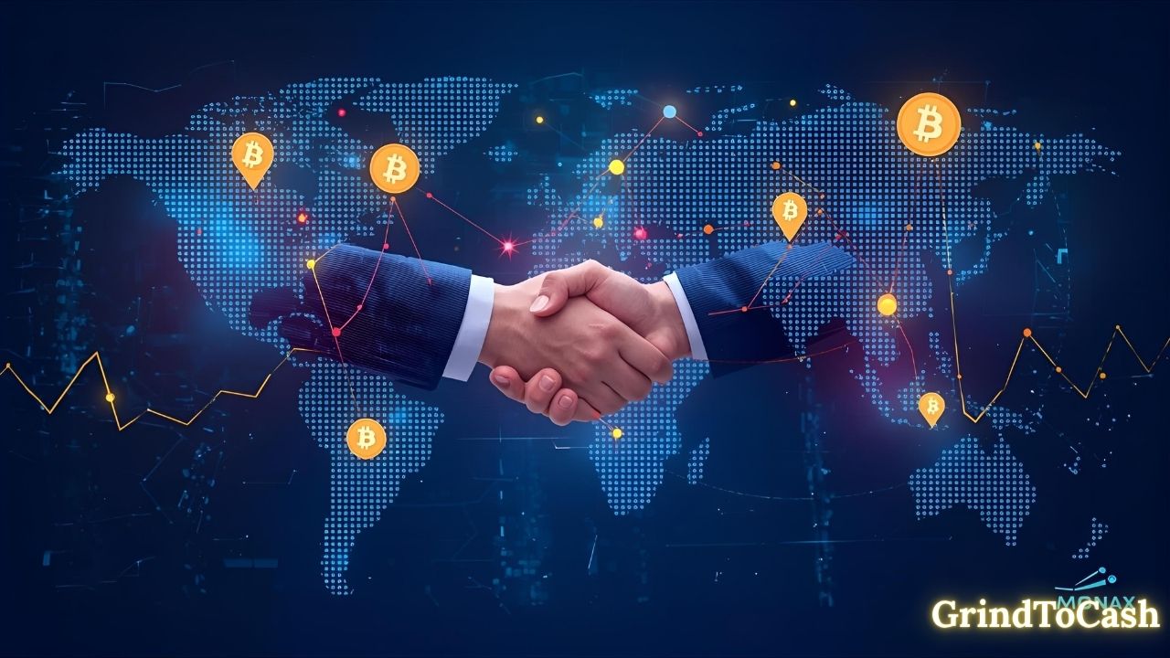 Global investors shaking hands across a digital map of the world, representing institutional crypto adoption and cross-border blockchain growth.