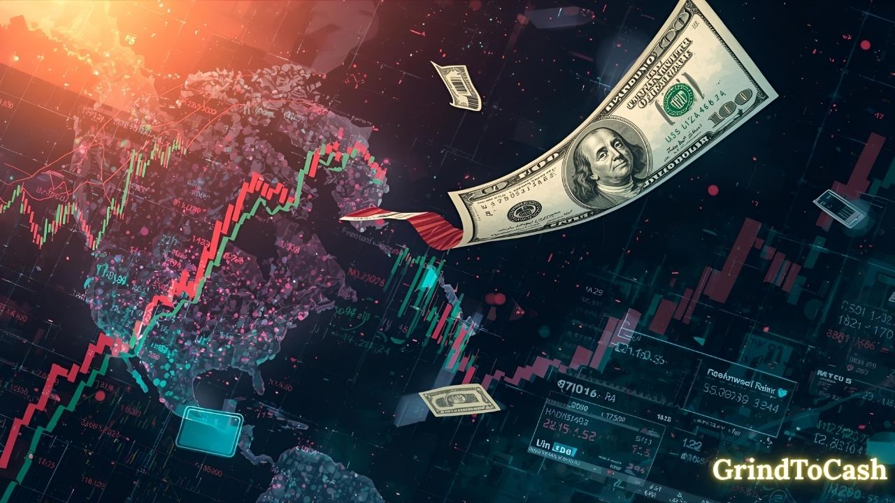 Illustration showing the U.S. dollar rising and global market indices reacting to the Federal Reserve’s news.