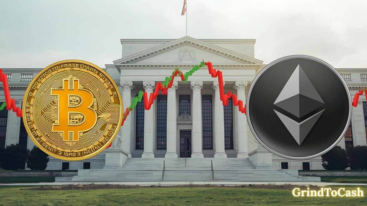 A visual showing Bitcoin and Ethereum fluctuating in price as traders respond to Federal Reserve interest rate updates.