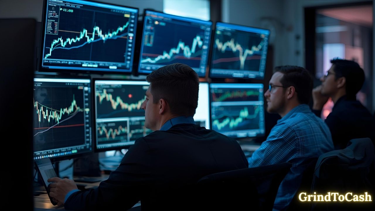 Stock traders and crypto investors analyzing market data with screens displaying charts and economic indicators.