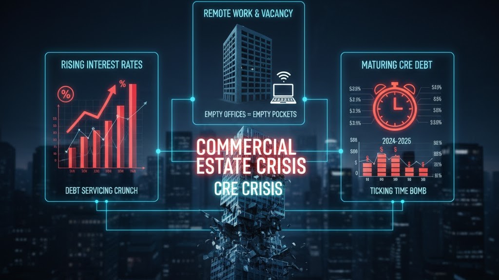 Illustrates rising interest rates, remote work, & maturing debt, showing a looming Commercial Real Estate (CRE) crisis.