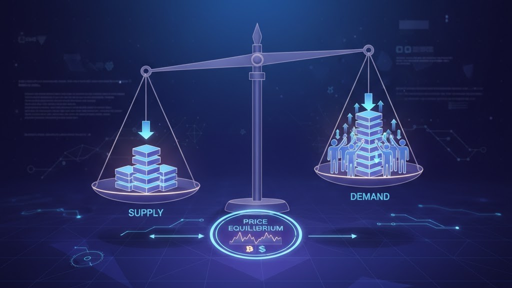 An illustration of a balanced scale representing supply and demand in the crypto market, showing how they determine a digital asset's price equilibrium.