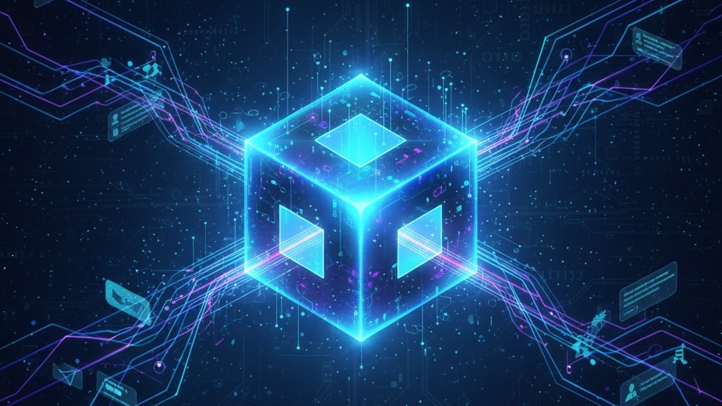 An ethereal digital representation of Telegram's original vision for TON, with lines converging towards a glowing, futuristic blockchain symbol.