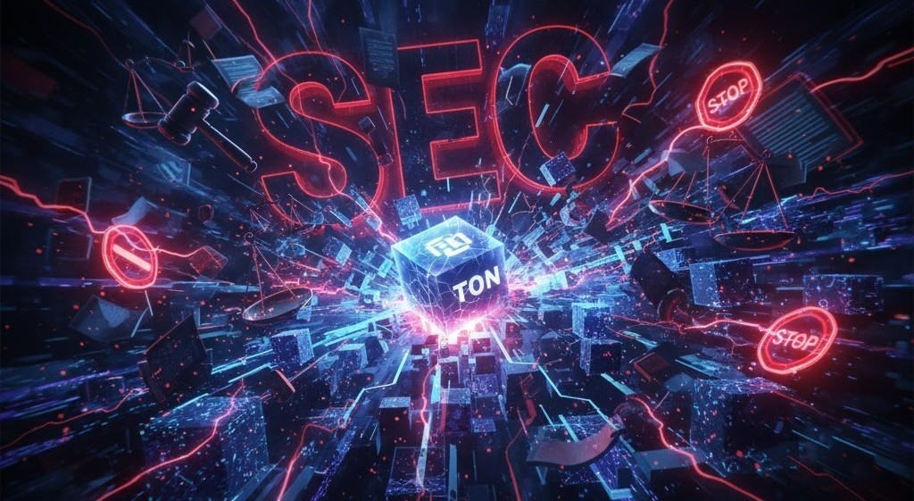 A blockchain network concept facing a metaphorical storm of regulatory documents and legal symbols, illustrating the SEC's impact on the TON project.
