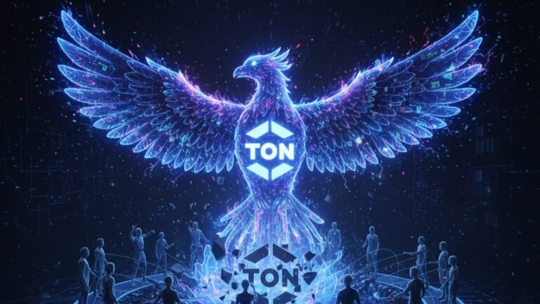 A phoenix rising from digital ashes, with community figures surrounding a re-emerging TON blockchain logo, symbolizing its decentralized rebirth.
