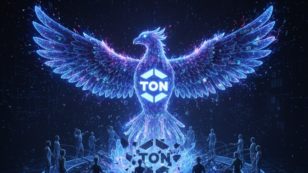 A phoenix rising from digital ashes, with community figures surrounding a re-emerging TON blockchain logo, symbolizing its decentralized rebirth.