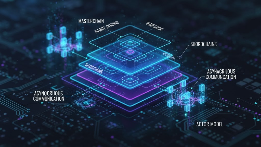 An intricate schematic diagram showing TON's multi-layered blockchain architecture, with sharding and asynchronous communication components highlighted.