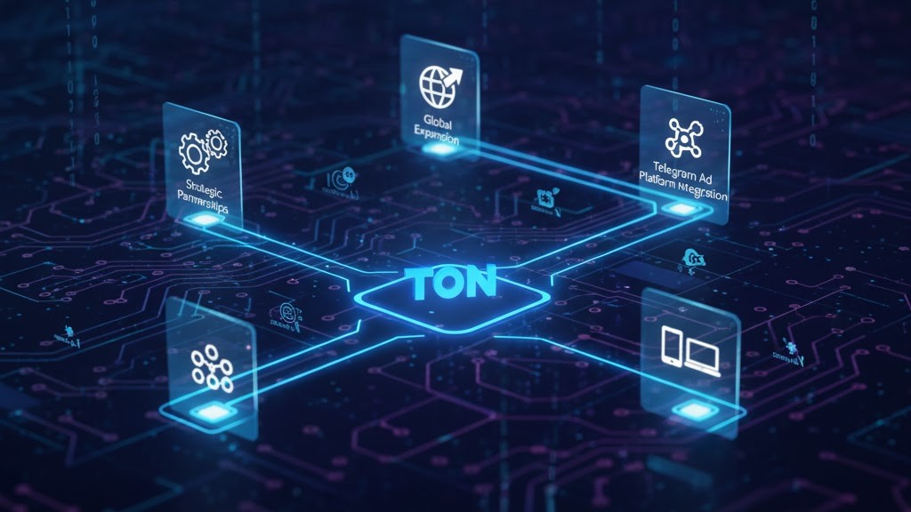 A winding digital roadmap with futuristic milestones and partnership symbols, illustrating TON's ongoing development and strategic growth path.